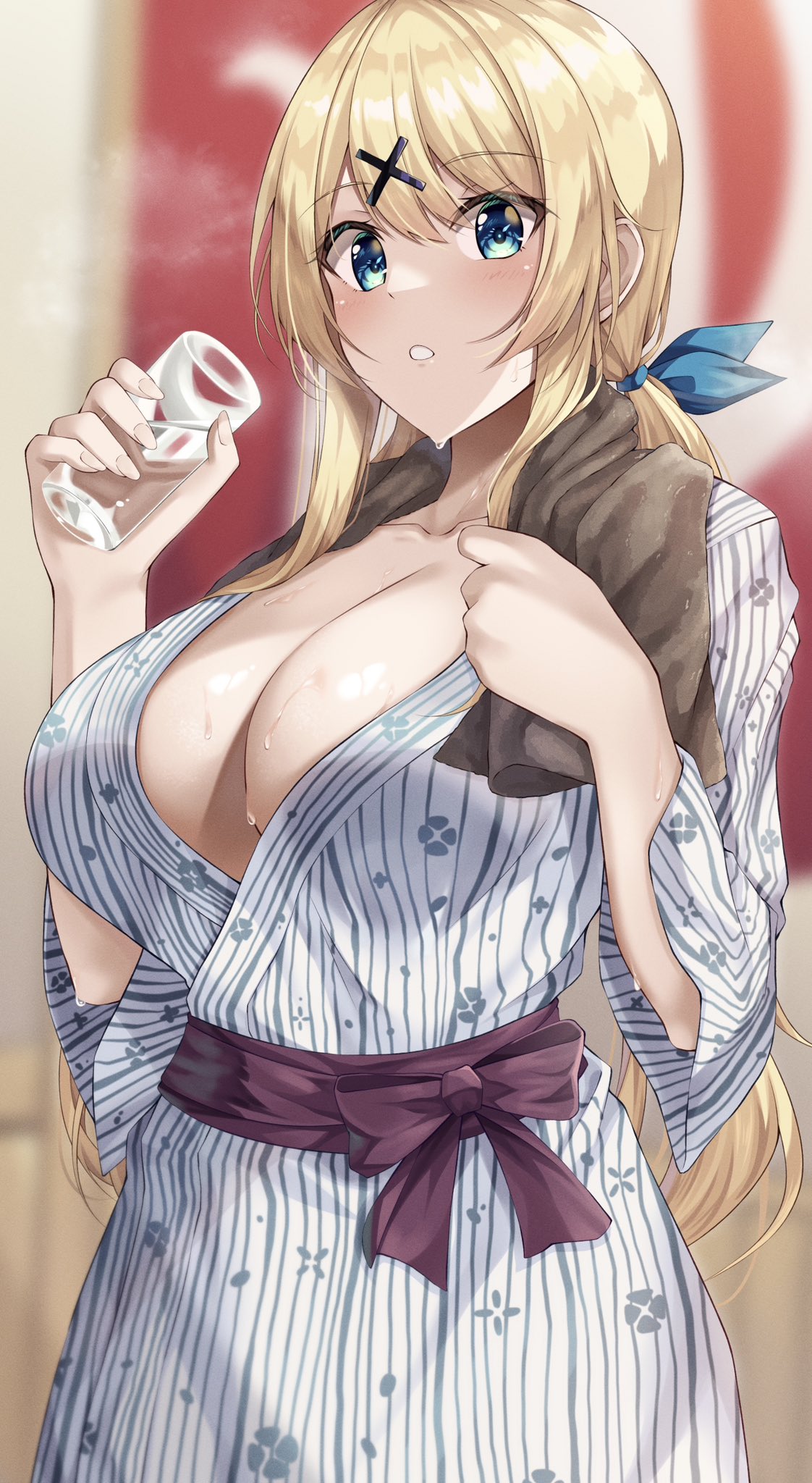 1girl amagi_korona bangs blonde_hair blue_eyes breasts cup hair_ribbon highres holding holding_cup large_breasts light_blush long_hair mirai_akari mirai_akari_project open_mouth ponytail ribbon skindentation solo sweat sweatdrop teeth very_long_hair water