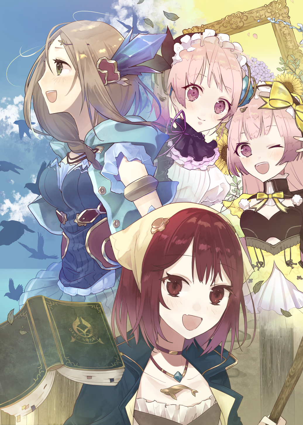 4girls :d atelier_(series) atelier_firis atelier_lydie_&amp;_suelle atelier_sophie bird blue_sky blush book bow brown_hair closed_mouth crystal dress firis_mistlud green_eyes hair_ornament hairband head_scarf highres jewelry kuromame_(honey_728) long_hair looking_at_viewer lydie_marlen multiple_girls necklace one_eye_closed open_mouth pink_eyes pink_hair plachta profile red_eyes red_hair ribbon short_hair siblings sisters sky smile sophie_neuenmuller suelle_marlen twins yellow_bow