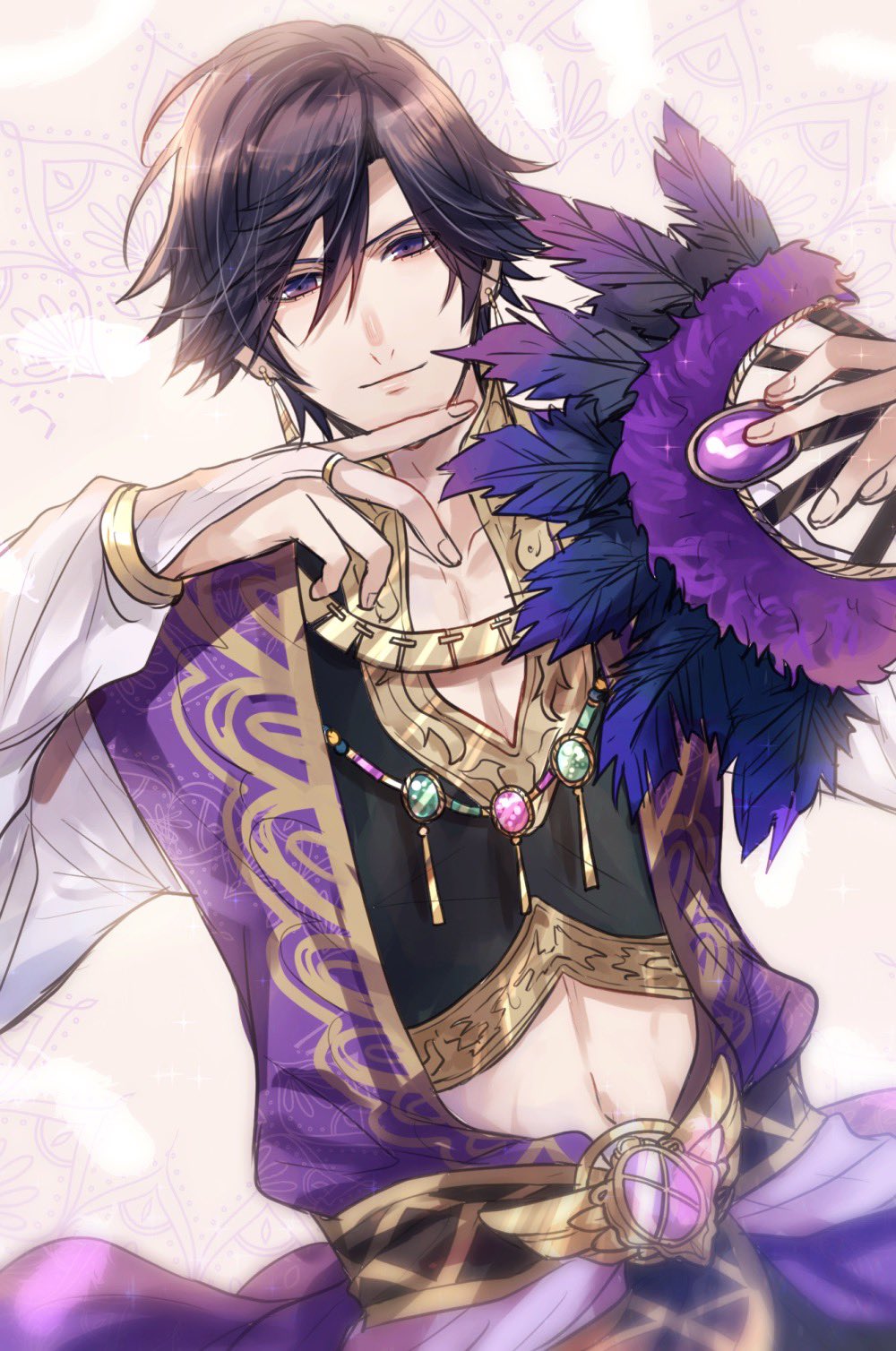 1boy arabian_clothes black_hair black_shirt bridal_gauntlets crop_top earrings feather_fan feathers folding_fan gem green_gemstone hair_between_eyes hand_fan highres holding holding_fan ichinose_tokiya jewelry long_sleeves looking_at_viewer male_focus midriff necklace official_alternate_costume open_clothes open_robe patterned_background pink_gemstone purple_eyes purple_gemstone purple_robe robe shirt short_hair smile solo tan_background upper_body uta_no_prince-sama uta_no_prince-sama:_shining_live white_bridal_gauntlets white_feathers white_sleeves zaichuu