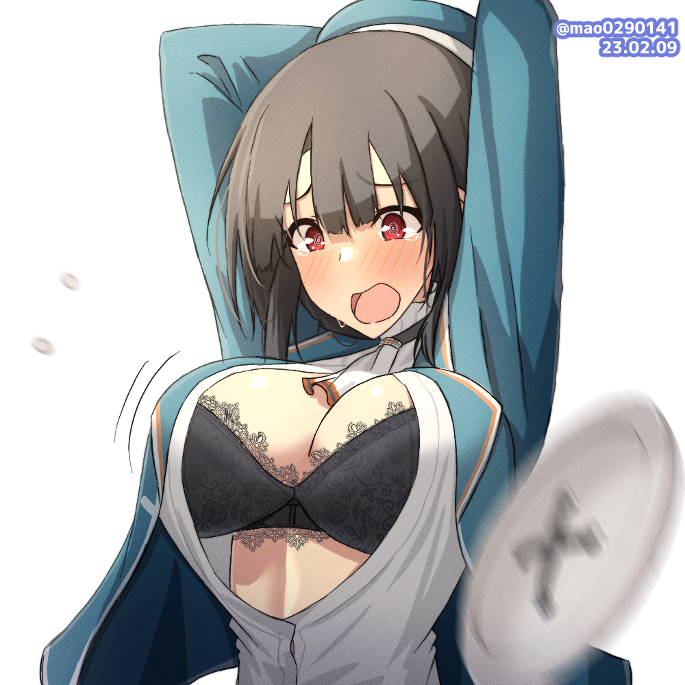 1girl @_@ arms_behind_head beret black_bra black_hair blue_headwear blue_jacket blush bra breasts dated hat jacket kantai_collection large_breasts long_sleeves m.a.o motion_lines one-hour_drawing_challenge open_clothes open_jacket open_mouth red_eyes shirt short_hair simple_background solo takao_(kancolle) tears twitter_username underwear uniform upper_body wardrobe_malfunction white_background white_shirt