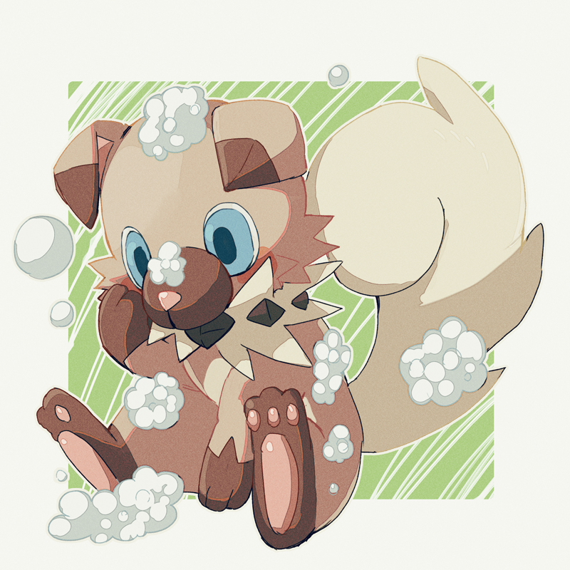 animal_focus blue_eyes commentary_request foam full_body looking_down no_humans pokemon pokemon_(creature) rockruff sitting soap_bubbles solo toriki_(hed-1)