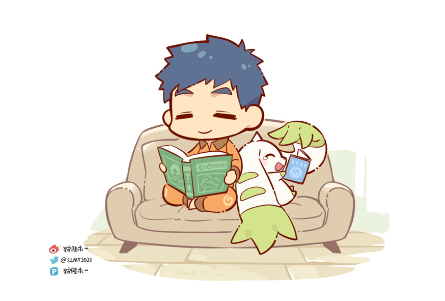 1boy blue_hair book chibi chinese_commentary closed_eyes closed_mouth commentary_request copyright_name couch digignome digimon digimon_(creature) digimon_tamers facing_viewer holding holding_book horns kariki_hajime laughing li_jianliang long_sleeves male_focus on_couch open_book open_mouth orange_pajamas pajamas pixiv_logo pixiv_username short_hair simple_background single_horn sitting smile tearing_up terriermon twitter_logo weibo_logo weibo_username white_background