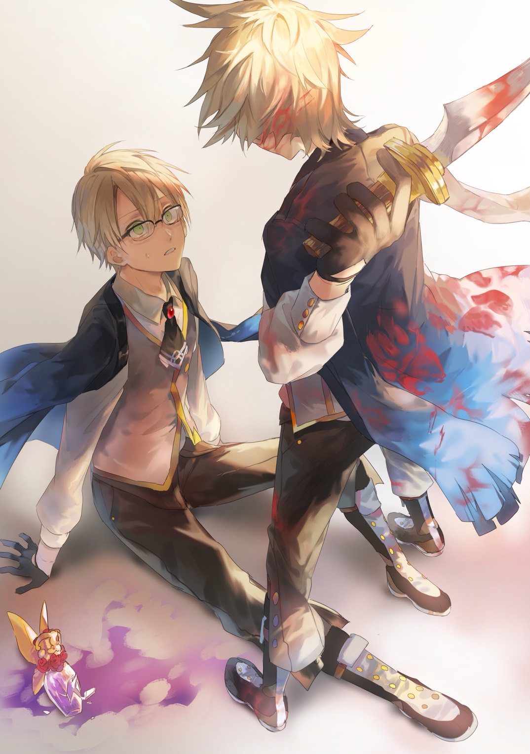 2boys ascot black_ascot black_footwear black_gloves black_jacket black_pants blonde_hair blood blood_in_hair blood_on_clothes blood_on_face blood_on_weapon bloody_handprints boots broken_bottle brooch collared_shirt dual_persona fate/grand_order fate_(series) full_body glasses gloves green_eyes grey_vest hair_between_eyes half_gloves highres holding holding_knife jacket jacket_on_shoulders jekyll_and_hyde_(fate) jewelry knee_up knife looking_at_another male_focus multiple_boys pants parted_lips potion shirt short_hair simple_background sitting spill standing sweatdrop torn_jacket tsugutoku vest vial weapon white_shirt wide-eyed