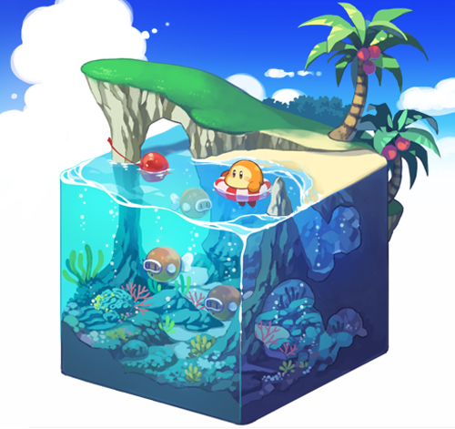 43 air_bubble beach blipper blue_sky blush blush_stickers brown_eyes bubble cherry cliff cloud coconut coconut_tree commentary_request coral day diving_mask fish food fruit full_body goggles grass innertube isometric kirby_(series) lowres no_humans palm_tree sand scenery sky submerged tree waddle_dee water