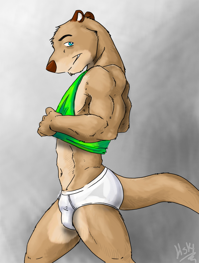 anthro blue_eyes briefs brown_nose bulge clothing green_clothing green_shirt green_tank_top green_topwear grey_background leomagna male mammal mustelid navel open_mouth otter pulling_shirt shirt side_view signature simple_background smile solo tank_top teeth_showing tighty_whities topwear underwear white_briefs white_clothing white_underwear