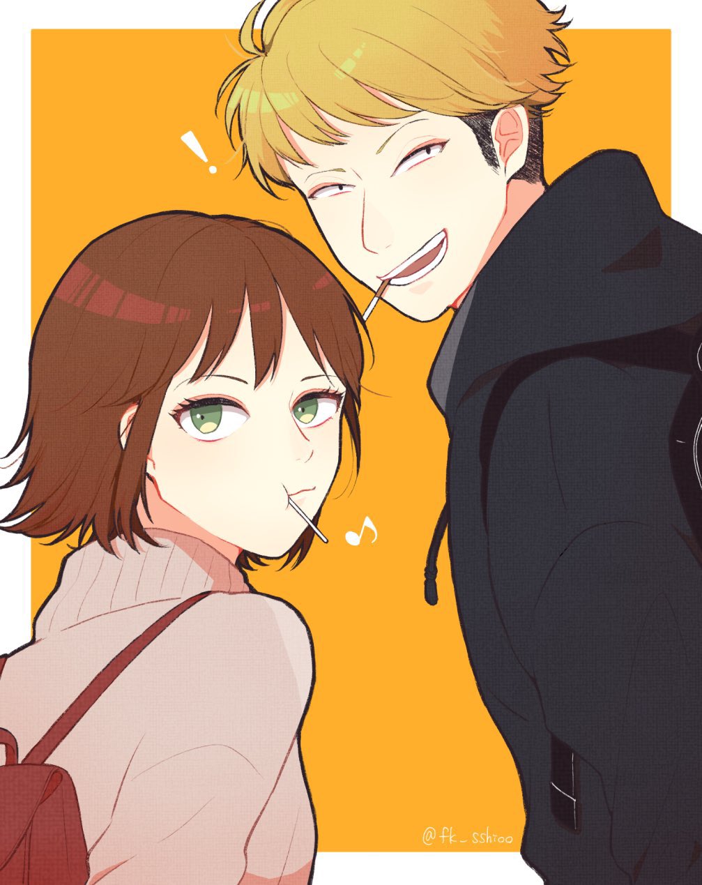 ! 1boy 1girl :3 :t backpack bag bangs black_hoodie blonde_hair brown_hair candy casual cigarette food from_behind green_eyes highres hood hood_down hoodie humming laughing lollipop long_sleeves looking_at_viewer looking_back mouth_hold musical_note orange_background osano_rui outside_border shio_(fk_sshioo) short_hair simple_background suwa_koutarou sweater turtleneck turtleneck_sweater undercut upper_body world_trigger