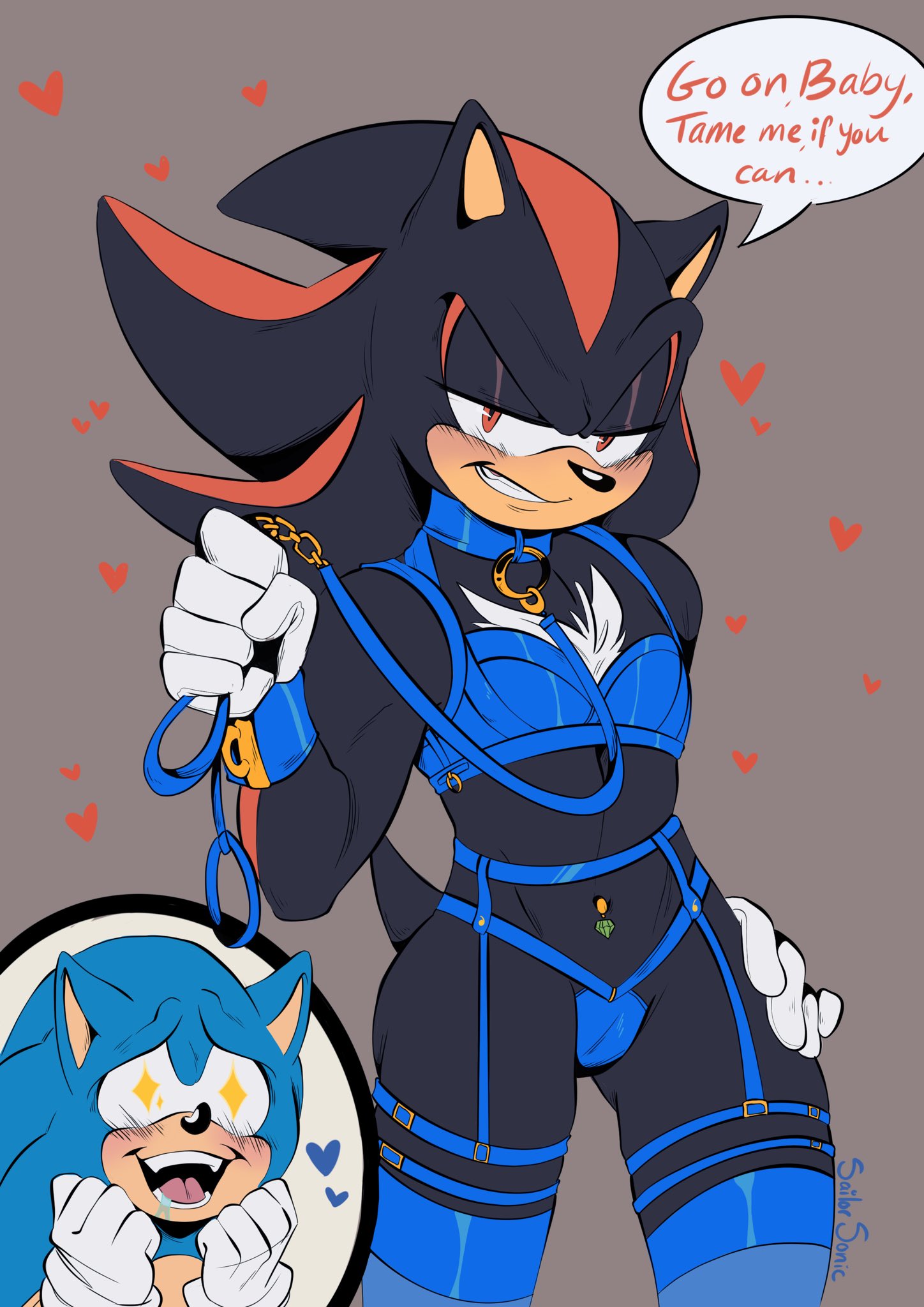 &lt;3 2022 anthro blue_heart blush clenched_teeth clothed clothing collar dialogue duo english_text eulipotyphlan gloves handwear hearts_around_body hedgehog hi_res leash lingerie male mammal open_mouth sailorsonic sega shadow_the_hedgehog short_tail skimpy smile sonic_the_hedgehog sonic_the_hedgehog_(series) standing starry_eyes surprise tail teeth text wide_hips