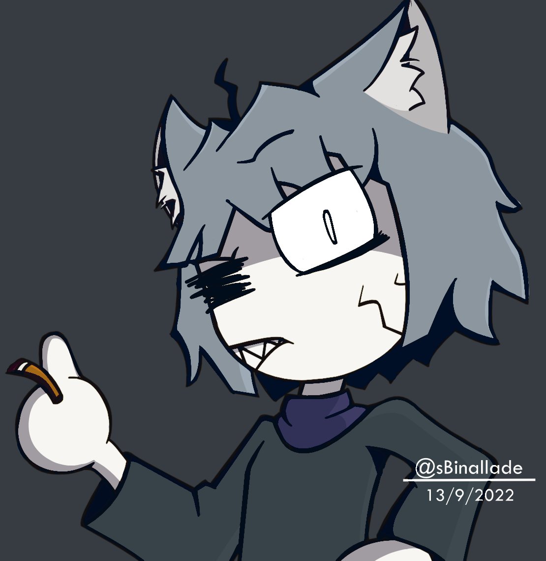 2022 ahoge artist_name cigarette dated gesture grey_hair grin hair hand_on_hip humanoid inner_ear_fluff looking_at_viewer male messy_hair neco-arc_chaos one_eye_closed sbin sharp_teeth smile smoking solo teeth thumbs_up tuft white_eyes