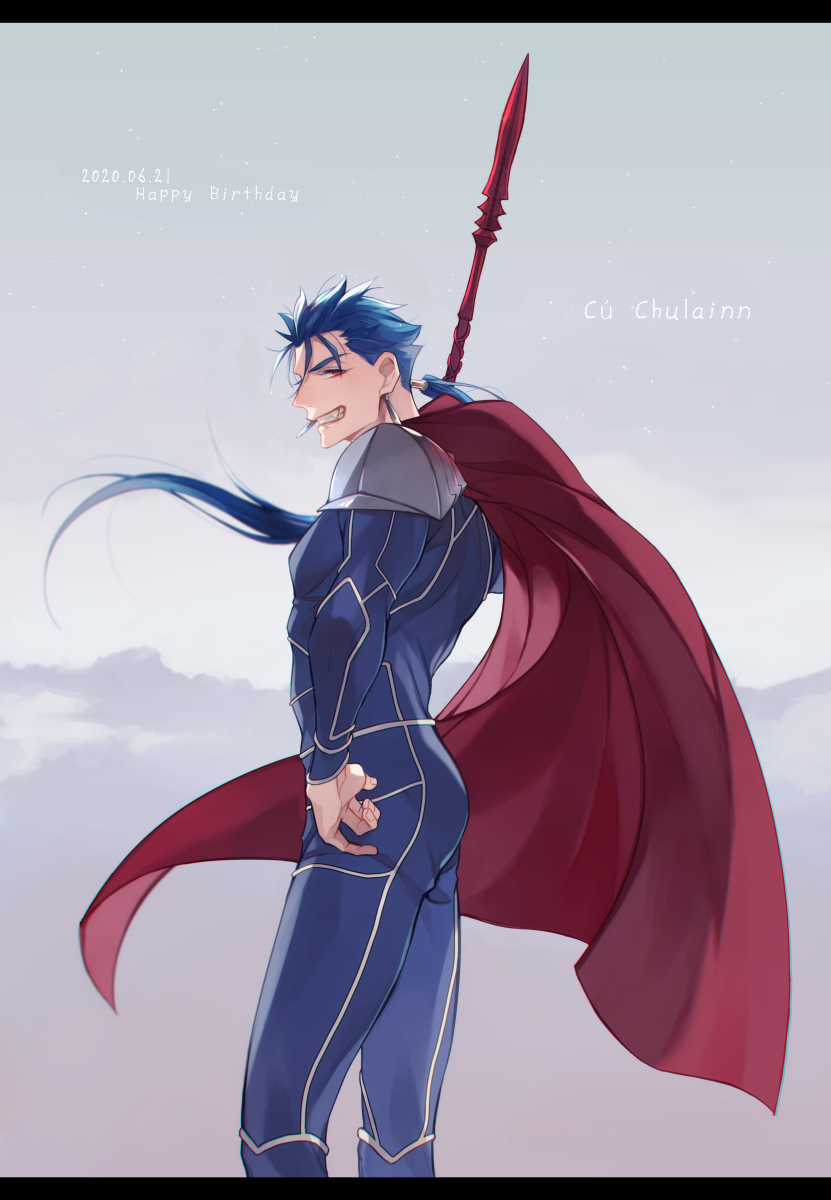 1boy armor blue_bodysuit blue_hair bodysuit cape character_name cigarette cowboy_shot cu_chulainn_(fate) cu_chulainn_(fate/stay_night) dated fate/stay_night fate_(series) gae_bolg_(fate) grey_background grin hair_strand hand_on_hip happy_birthday highres long_hair makina_(nikki_m7_) male_focus ponytail red_cape red_eyes revision shoulder_armor smile solo standing