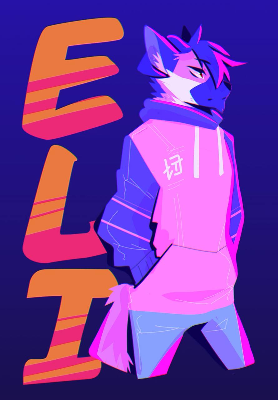 anthro canid canine clothed clothing digital_media_(artwork) eli_cruz fur hair hi_res looking_away male mammal maned_wolf simple_background solo standing sweater tohfu topwear vaporwave