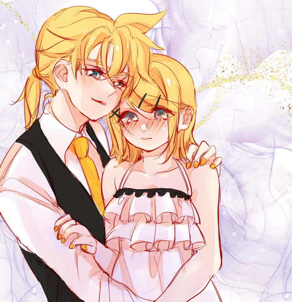 1boy 1girl adolescence_(vocaloid) ahoge bare_arms bare_shoulders blazer blonde_hair blue_eyes blush brother_and_sister camisole collarbone collared_shirt flat_chest frilled_camisole frills hand_on_another's_shoulder implied_fingering incest jacket kagamine_len kagamine_rin looking_at_viewer mimi_mine nervous parted_lips shirt short_ponytail siblings sleeveless_blazer smug spaghetti_strap spiked_hair sweatdrop twincest twins vocaloid white_camisole white_shirt yellow_nails yellow_shirt
