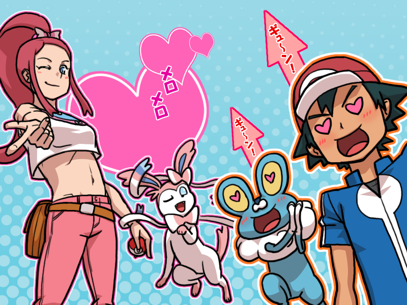 1boy 1girl :d ash_ketchum bangs baseball_cap belt belt_buckle black_hair blue_eyes blue_jacket blush brown_bag brown_belt buckle closed_mouth commentary_request fanny_pack froakie habatakuhituji hat heart heart-shaped_eyes hetero holding holding_poke_ball jacket open_mouth pants penelope_(pokemon_xy013) pink_pants poke_ball poke_ball_(basic) pokemon pokemon_(anime) pokemon_xy_(anime) ponytail red_headwear shirt short_hair short_sleeves sleeveless sleeveless_shirt smile sylveon tongue white_shirt