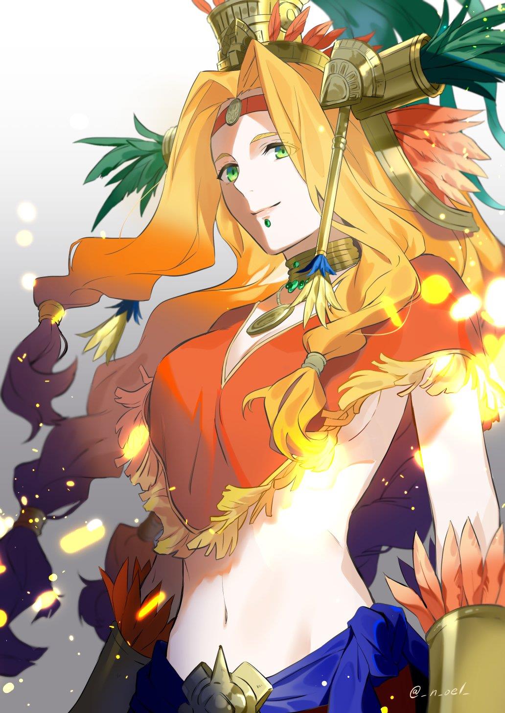 1girl bangs blonde_hair blurry bokeh bracer breasts chin_piercing circlet cleavage depth_of_field fate/grand_order fate_(series) green_eyes headdress highres jewelry long_hair looking_at_viewer low-tied_long_hair navel necklace noel open_clothes parted_bangs pendant poncho quetzalcoatl_(fate) sash skirt smile solo thick_eyebrows underboob very_long_hair