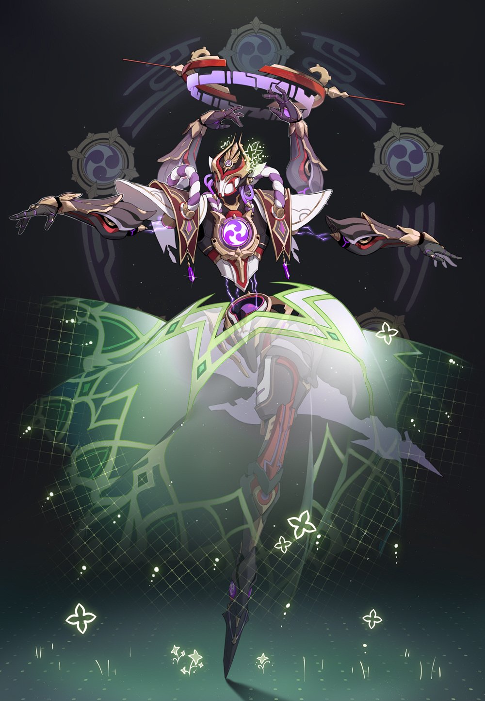 arms_up ballet black_background commentary dancing english_commentary extra_arms flower flower_(symbol) full_body genshin_impact grass halo hei_lang highres leg_up mecha mitsudomoe_(shape) no_humans robot rope scaramouche_(genshin_impact) scaramouche_(shouki_no_kami)_(genshin_impact) shimenawa simple_background standing standing_on_one_leg tomoe_(symbol)