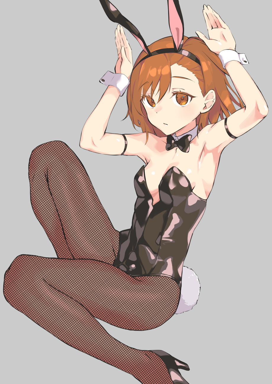 1girl animal_ears armlet armpits bangs black_bow black_bowtie black_footwear black_leotard bob_cut bow bowtie breasts brown_eyes brown_hair bunny_pose closed_mouth commentary detached_collar empty_eyes expressionless fake_animal_ears fake_tail fishnet_pantyhose fishnets grey_background hair_between_eyes hands_up high_heels highres kate_honda knee_up leotard misaka_imouto pantyhose playboy_bunny rabbit_ears rabbit_tail shoes short_hair simple_background small_breasts solo strapless strapless_leotard tail toaru_kagaku_no_railgun toaru_majutsu_no_index