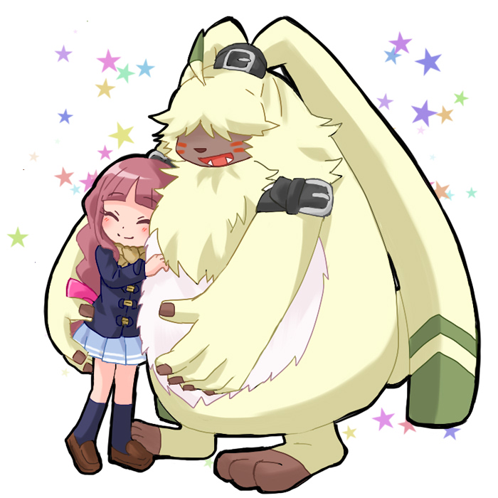 angoramon angoramon_(ghost_game) anthro bandai_namco belt blush digimon digimon_(species) digimon_ghost_game duo embrace female fluffy_chest hair hair_over_eyes hamu_ym hug human long_hair male mammal ruri_tsukiyono smile