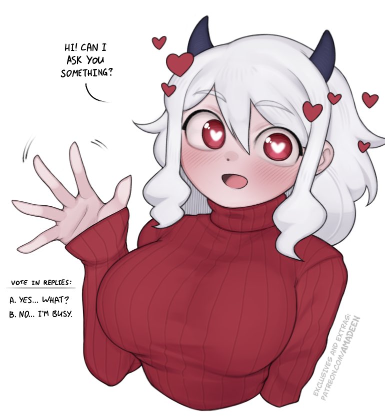 1girl amadeen blush breasts helltaker horns large_breasts looking_at_viewer medium_hair modeus_(helltaker) red_eyes simple_background solo sweater white_hair