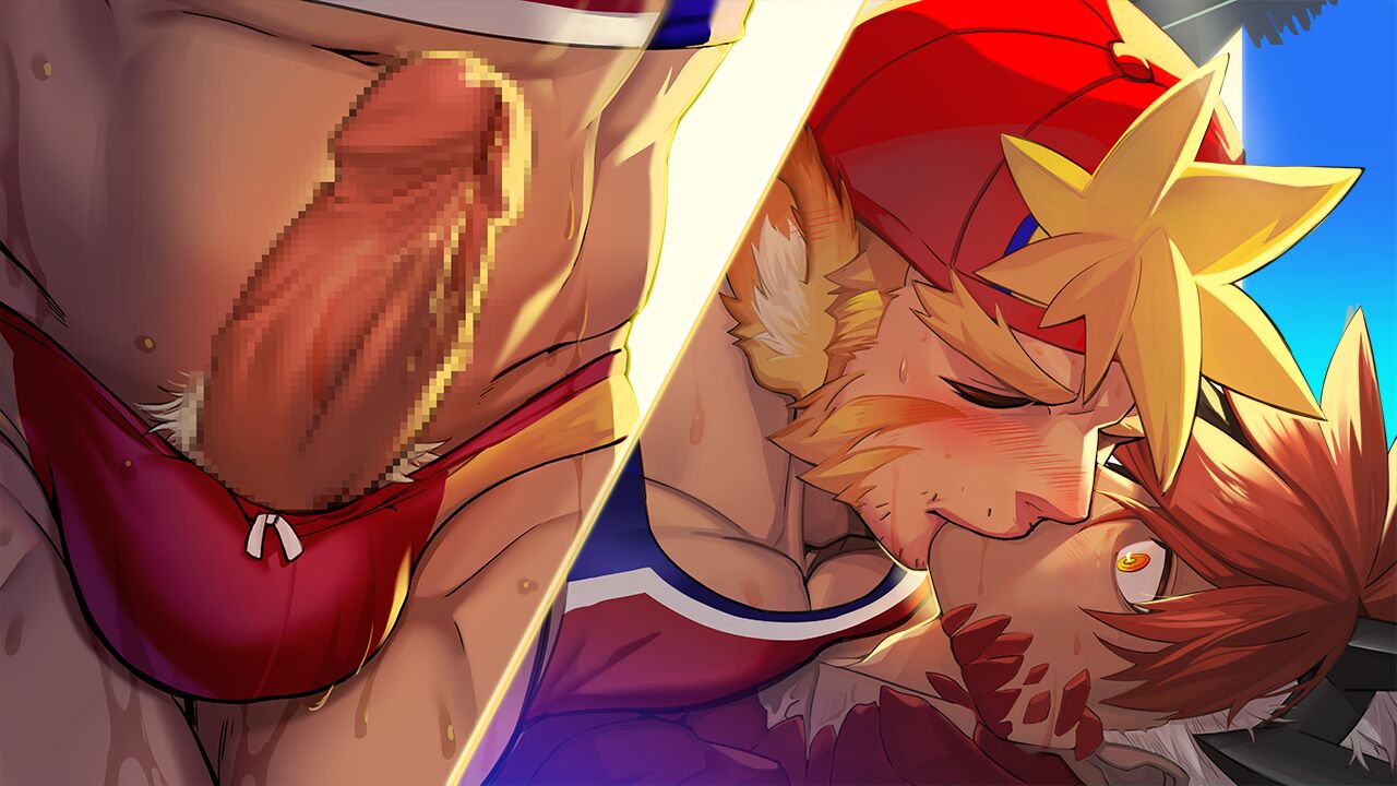 2boys animal_ears another_eidos-r backwards_hat bara baseball_cap black_hair blonde_hair blush censored closed_eyes dragon_boy erection gaia_(another_eidos) hat kiss large_pectorals looking_at_another lying male_focus male_swimwear mosaic_censoring multicolored_hair multiple_boys muscular muscular_male official_art on_back pectorals penis pugi_(another_eidos) red_eyes red_hair red_tank_top short_hair swim_briefs tail tank_top thick_eyebrows tiger_boy tiger_ears tiger_tail waku_(ayamix) yaoi