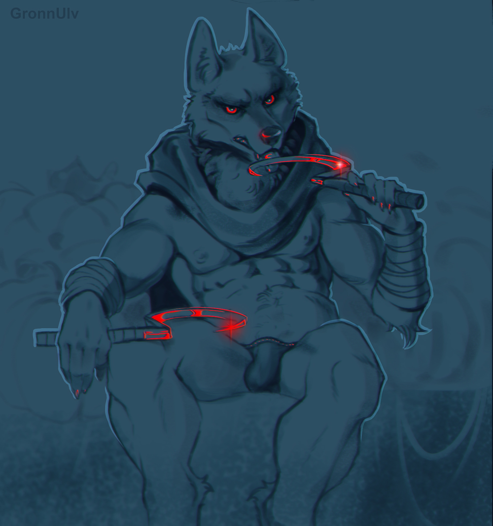 anthro arm_wraps black_clothing black_nose black_panties black_underwear bulge canid canine canis cloak clothing death_(puss_in_boots) dual_weapon dual_wielding dual_wielding_melee_weapons gronnulv holding_object holding_weapon licking_weapon looking_at_viewer male mammal monotone_background muscular panties red_eyes sickle sitting sketch solo underwear weapon wolf wraps