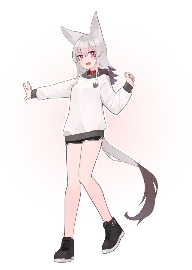 1girl :d animal_ear_fluff animal_ears black_footwear black_hair black_shorts collar commentary_request fang full_body grey_hair hand_up hood hood_down hoodie long_sleeves looking_at_viewer multicolored_hair original outstretched_arm puffy_long_sleeves puffy_sleeves red_collar shako_(syakoba3) shoes short_shorts shorts smile solo standing standing_on_one_leg tail two-tone_hair white_hoodie