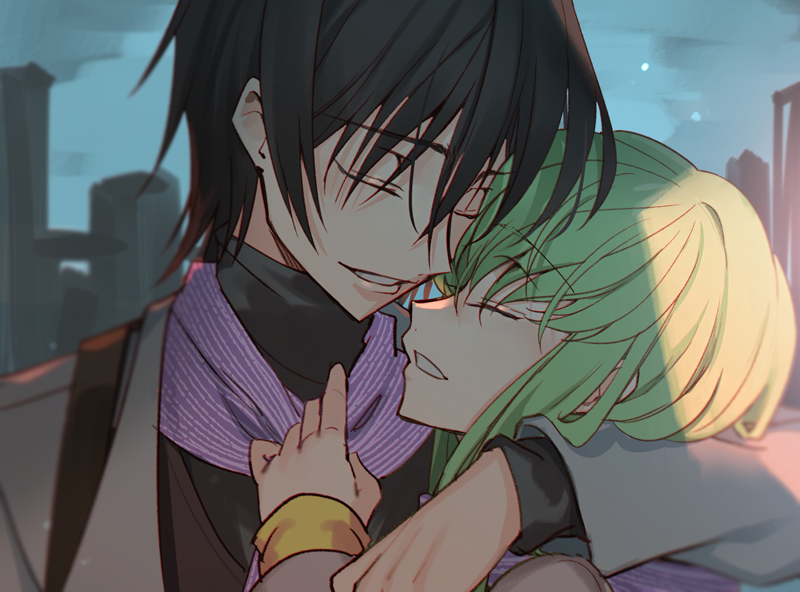 1boy 1girl bangs black_dress black_hair blurry blurry_background building c.c. closed_eyes code_geass couple creayus dress green_hair grey_jacket hand_on_another's_shoulder happy jacket lelouch_lamperouge long_sleeves open_mouth purple_scarf scarf