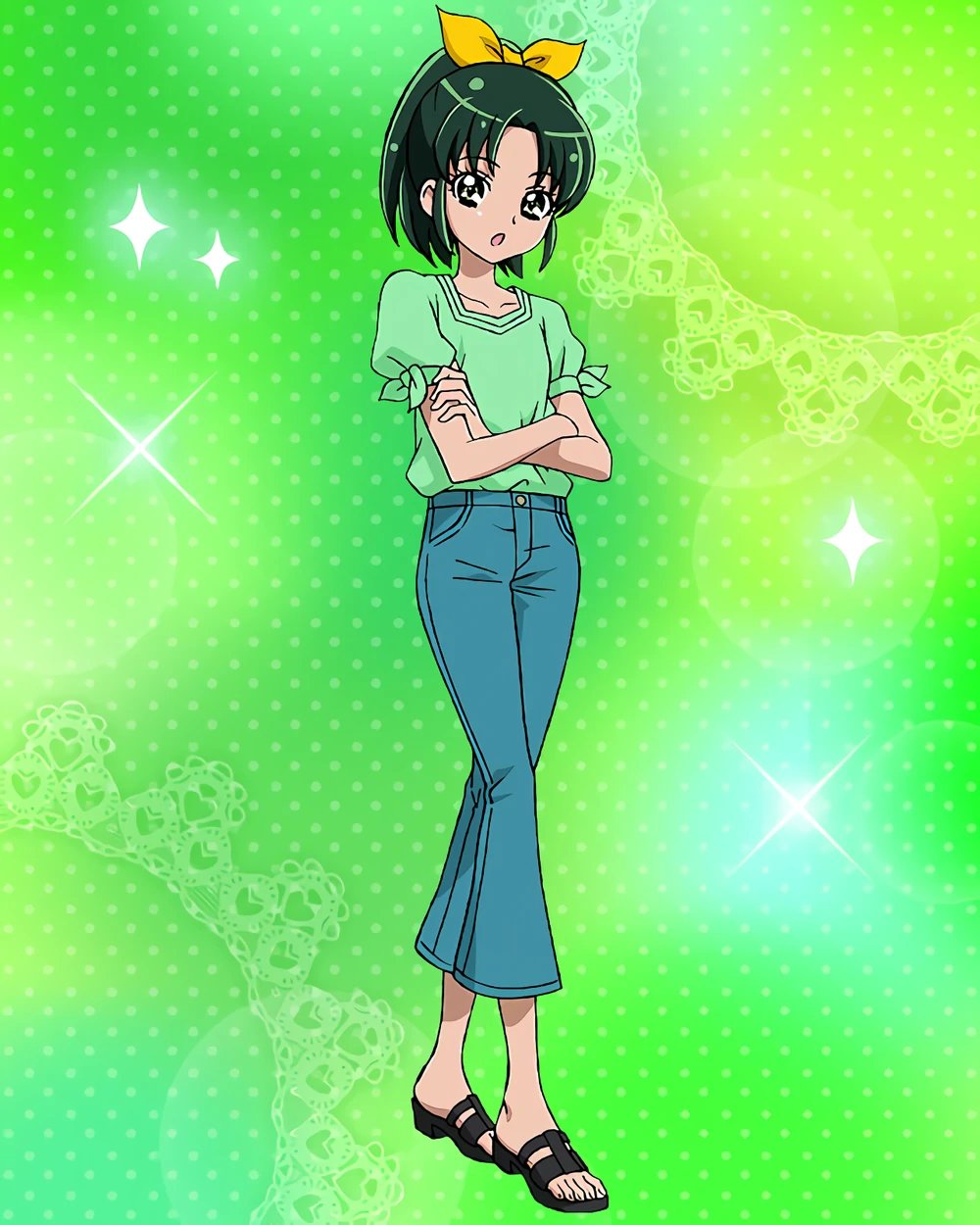 1girl bangs bow crossed_arms denim full_body green_eyes green_hair green_shirt hair_bow highres jeans long_hair midorikawa_nao official_art open_mouth pants parted_bangs ponytail precure precure_connection_puzzlun sandals shirt short_sleeves sleeve_bow smile_precure! solo third-party_source yellow_bow
