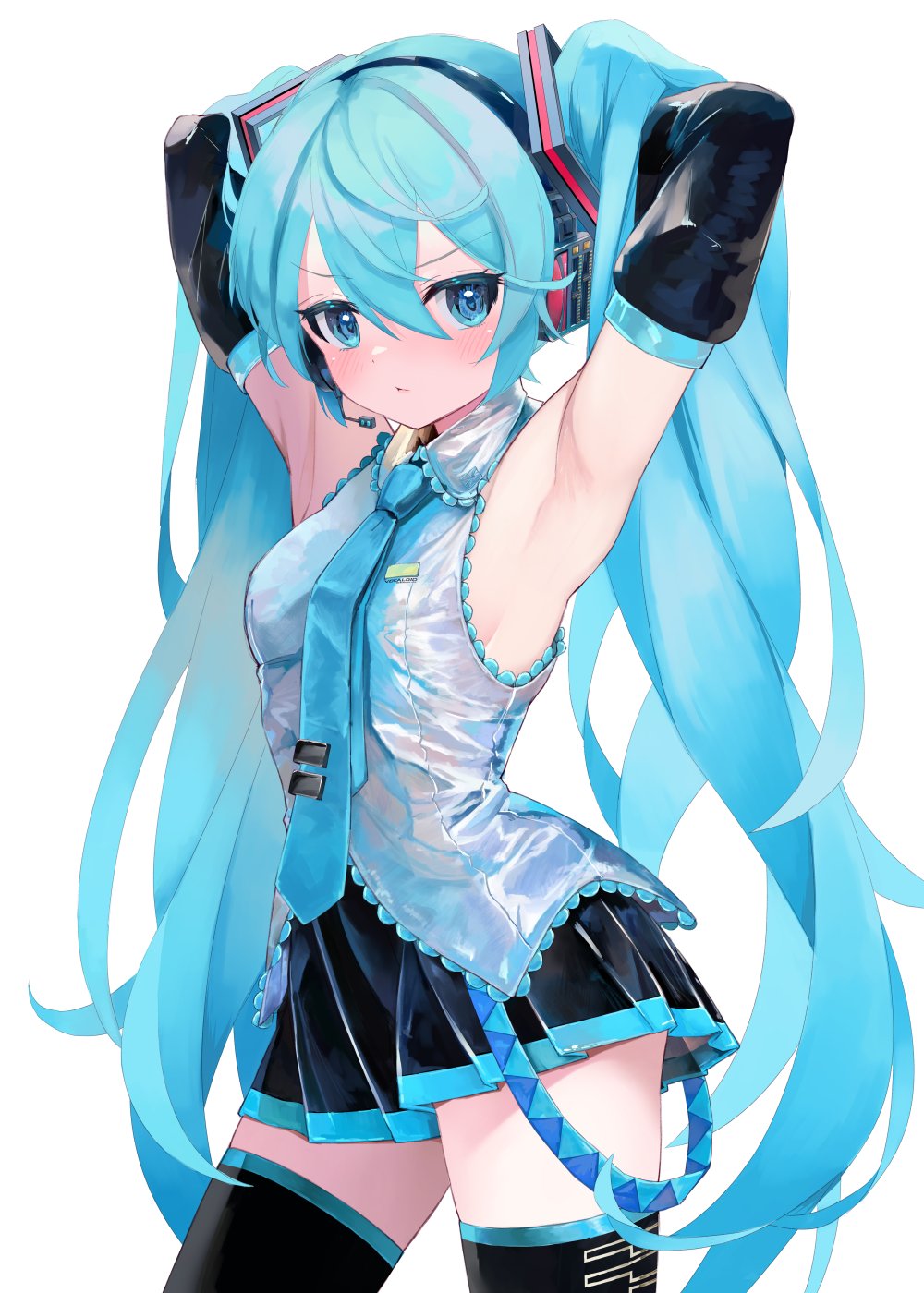 1girl aqua_eyes aqua_hair aqua_necktie armpits arms_up bangs bare_arms bare_shoulders black_skirt black_thighhighs blue_necktie blush breasts commentary_request cowboy_shot detached_sleeves hair_between_eyes hair_ornament hatsune_miku headphones headset highres long_hair looking_at_viewer medium_breasts miniskirt necktie pleated_skirt simple_background skirt small_breasts solo standing takepon1123 thighhighs thighs twintails very_long_hair vocaloid white_background zettai_ryouiki