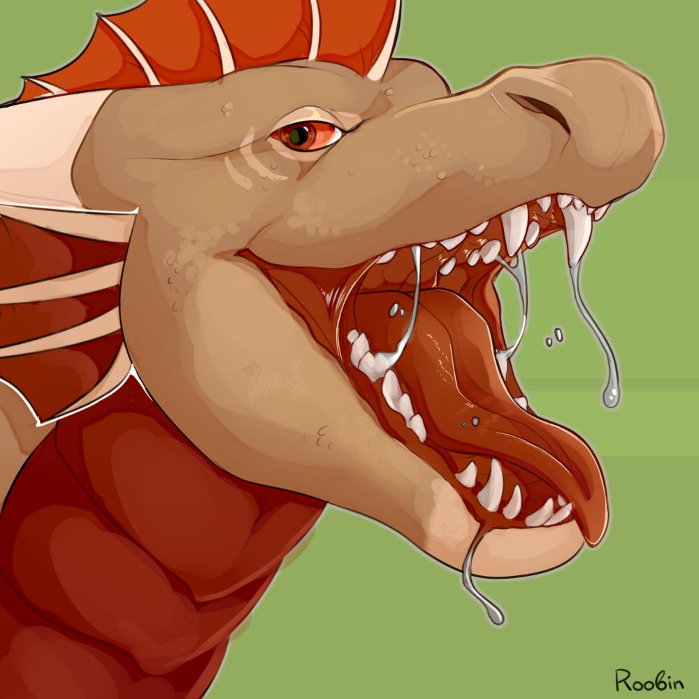 1:1 ambiguous_gender bodily_fluids brown_body dragon drooling feral frill_(anatomy) glistening glistening_eyes green_background head_crest head_frill horn looking_at_viewer mouth_shot open_mouth red_body red_eyes red_frill red_scales red_tongue roobin saliva saliva_string scales scalie sharp_teeth signature simple_background solo teeth tongue white_horn