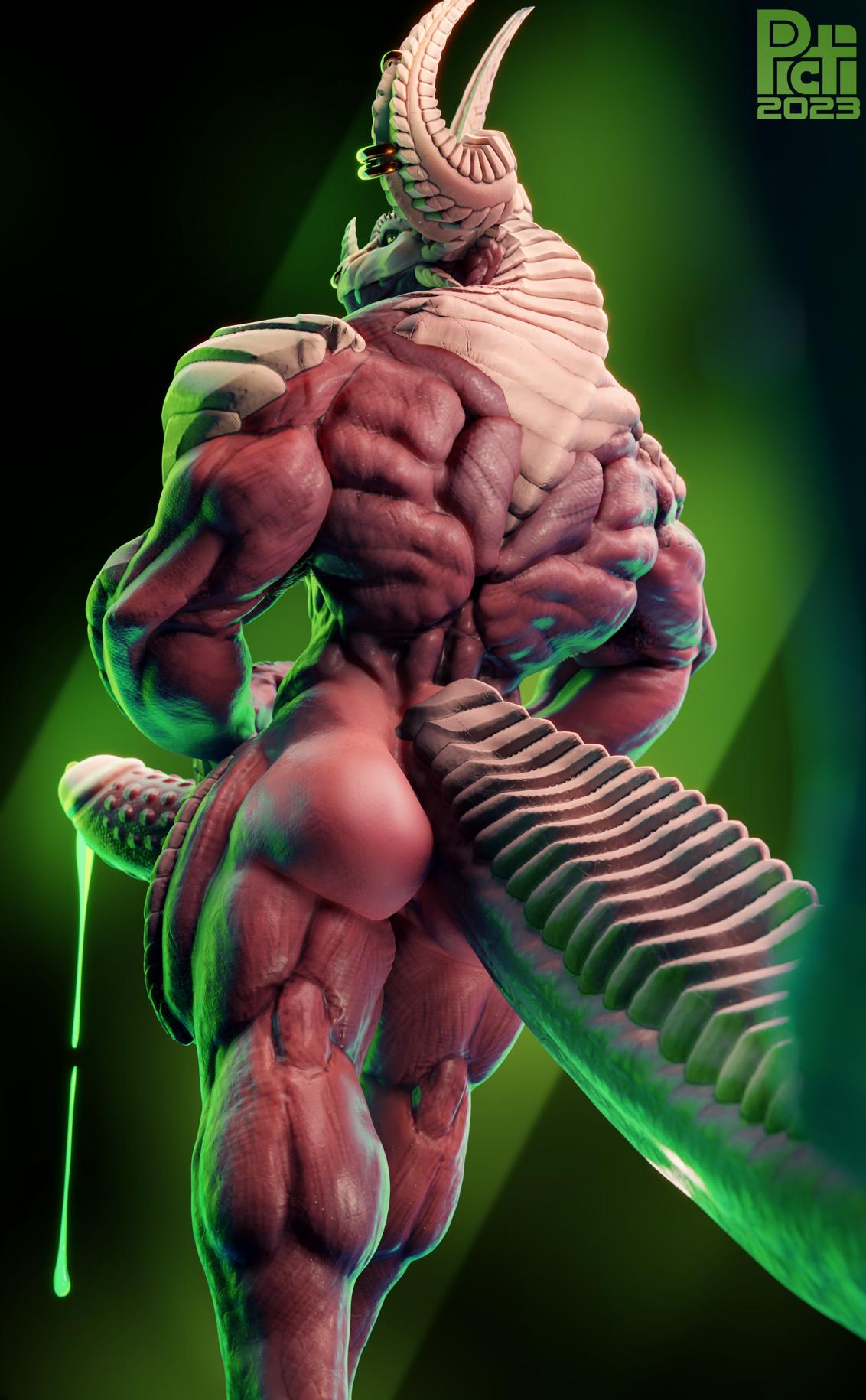 bodily_fluids demon dragon genital_fluids hi_res male muscular picti piercing precum radu scales tagme