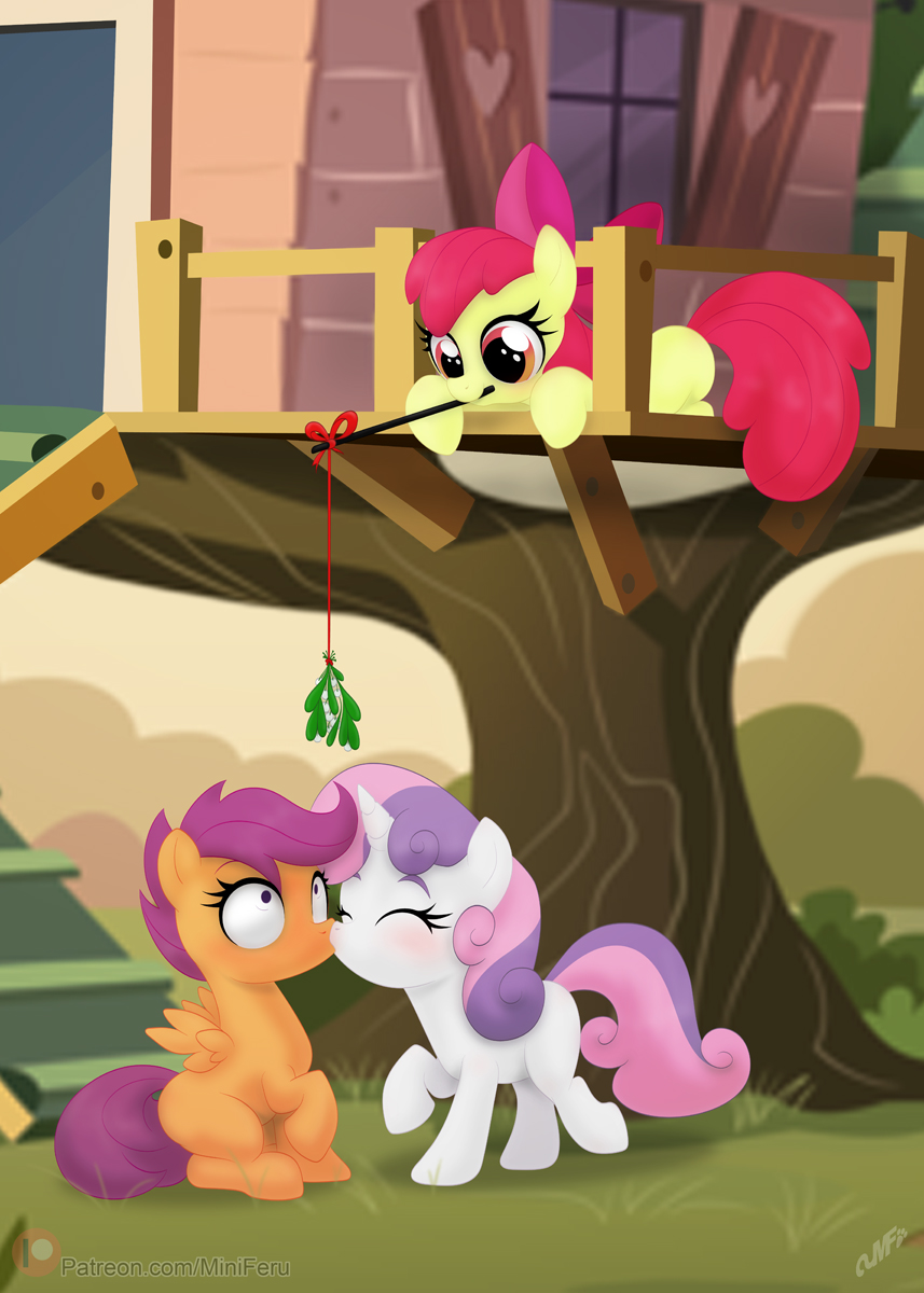2023 apple_bloom_(mlp) cutie_mark_crusaders'_club_house cutie_mark_crusaders_(mlp) digital_media_(artwork) earth_pony equid equine eyebrows eyelashes eyes_closed female friendship_is_magic group hair hasbro hi_res horn horse kiss_on_lips kissing mammal miniferu mistletoe mistletoe_abuse multicolored_hair my_little_pony orange_body pegasus pink_tail plant pony purple_hair purple_tail red_hair scootaloo_(mlp) surprise_kiss sweetie_belle_(mlp) tail text trio two_tone_hair two_tone_tail unicorn url white_body wings yellow_body young