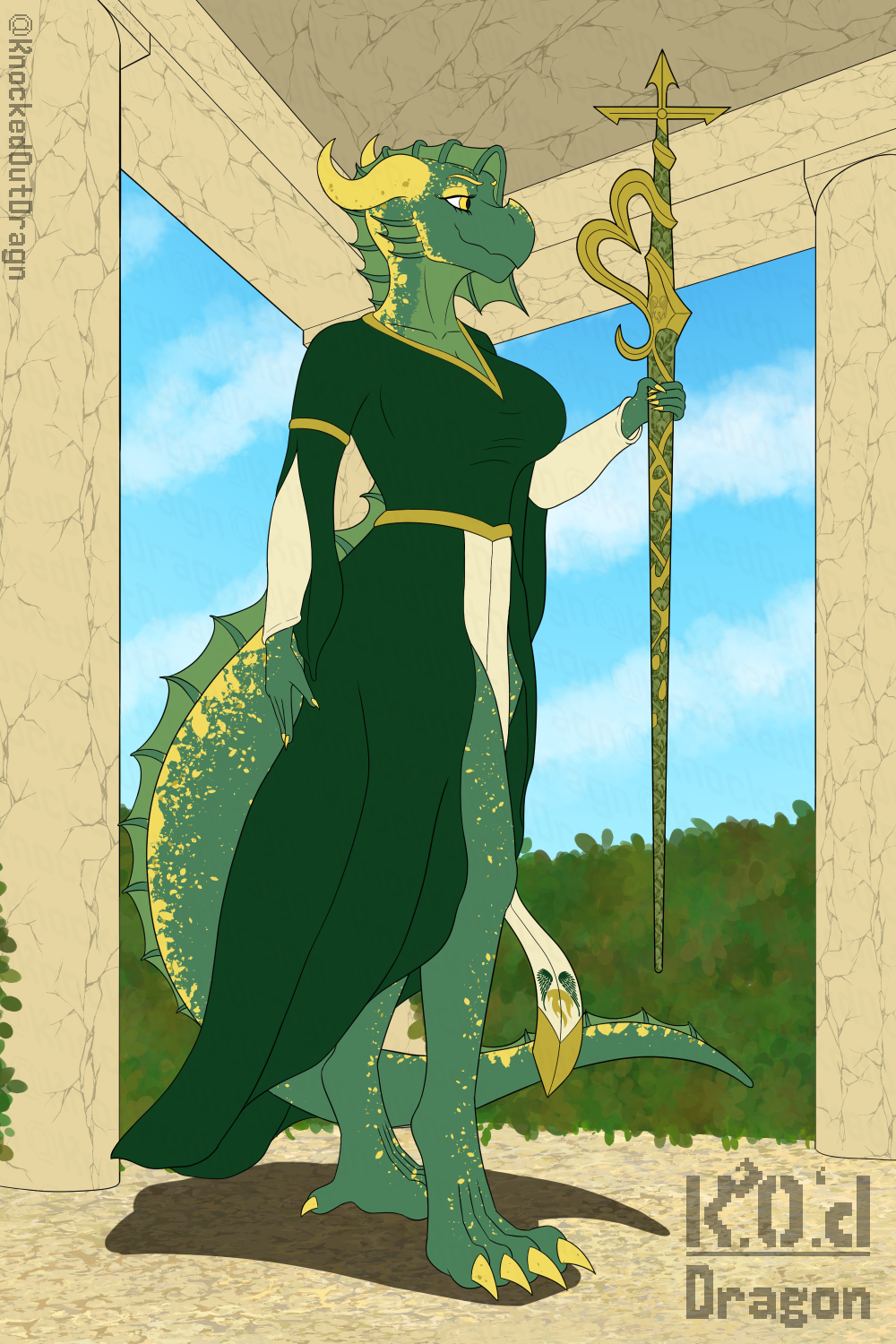 anthro big_tail bottomwear breasts clothing dragonborn_(dnd) dress dungeons_and_dragons female gold_scales green_body hasbro hi_res kenalatras_verata knockedoutdragon loincloth magic_staff medieval_clothing solo tail wizards_of_the_coast yellow_eyes