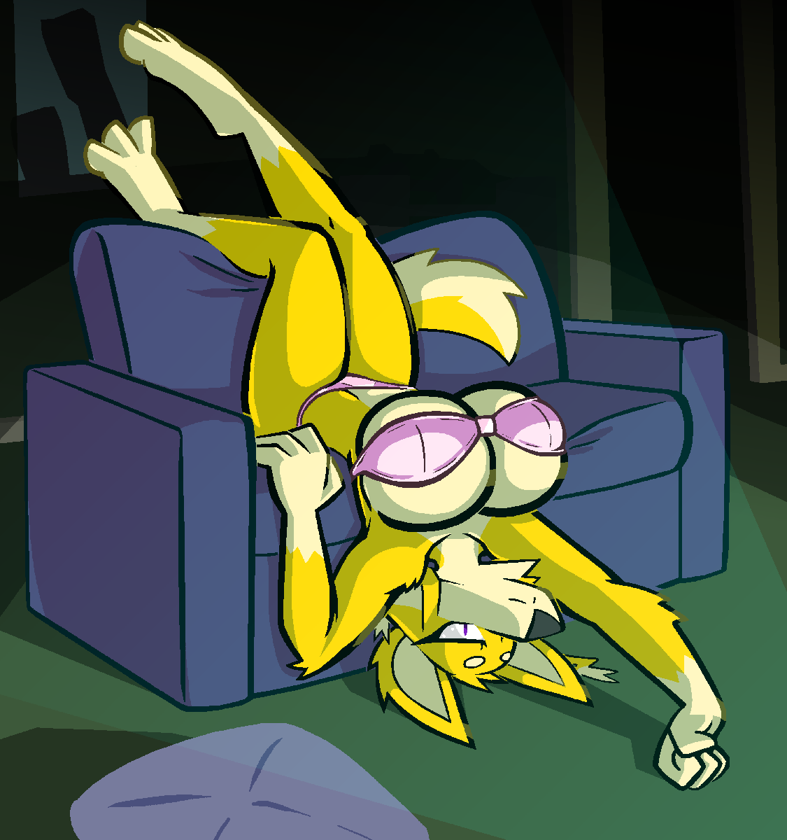 3_toes 4_fingers anthro aygee big_breasts breasts canid canine canis clothing domestic_dog feet female fingers fur furniture hi_res huge_breasts inside kammy_(aygee) mammal sofa solo toes underwear upside_down yellow_body yellow_fur