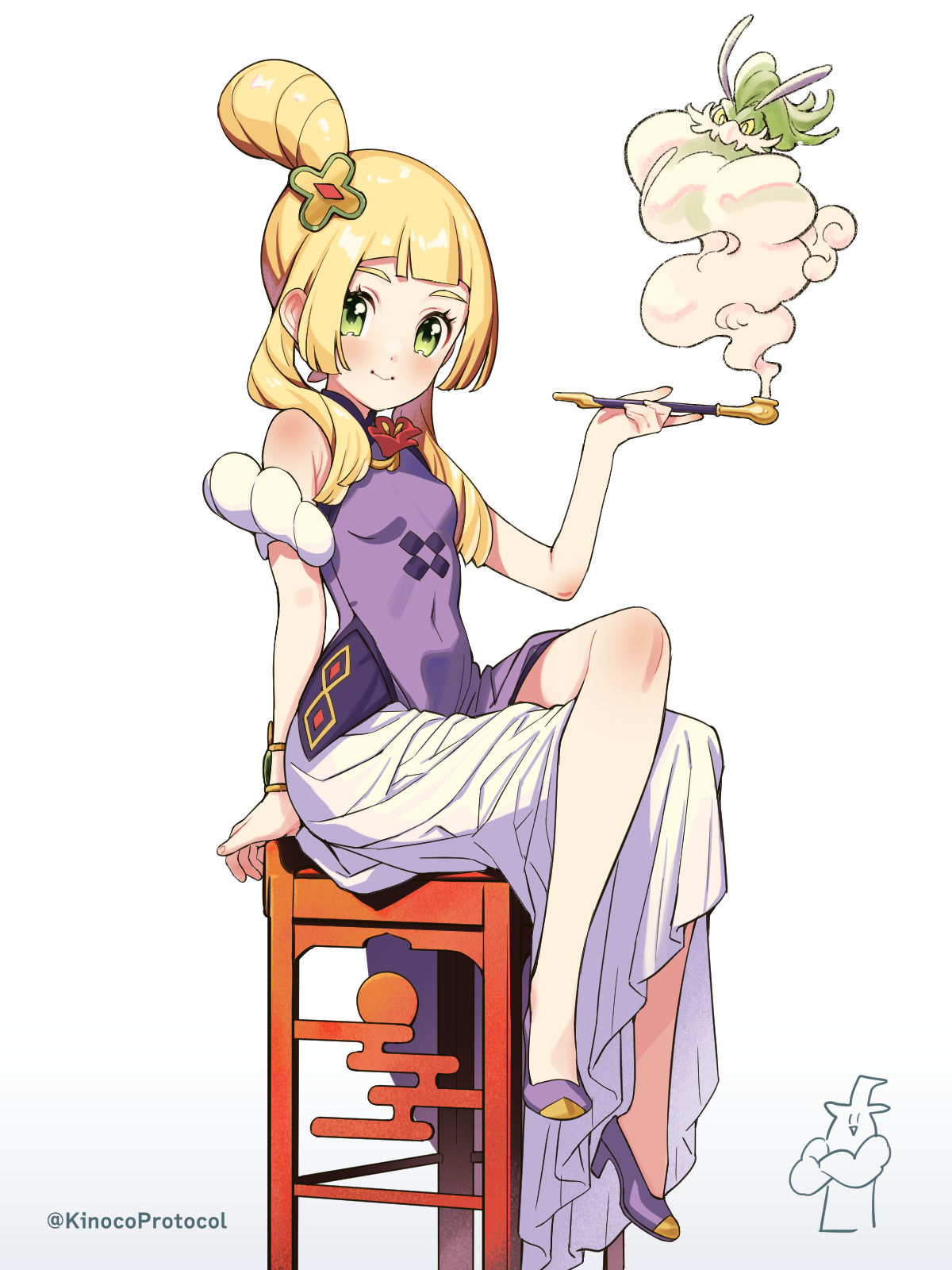 1girl arm_support armlet bangs blonde_hair blunt_bangs blush breasts closed_mouth commentary_request cosplay covered_navel crossed_legs eyelashes green_eyes hand_up high_heels highres holding kinocopro kiseru knees lillie_(pokemon) long_hair pokemon pokemon_(game) pokemon_masters_ex pokemon_sm purple_footwear sitting skyla_(anniversary_2022)_(pokemon) skyla_(pokemon) skyla_(pokemon)_(cosplay) smile smoking_pipe stool tornadus twitter_username watermark white_background