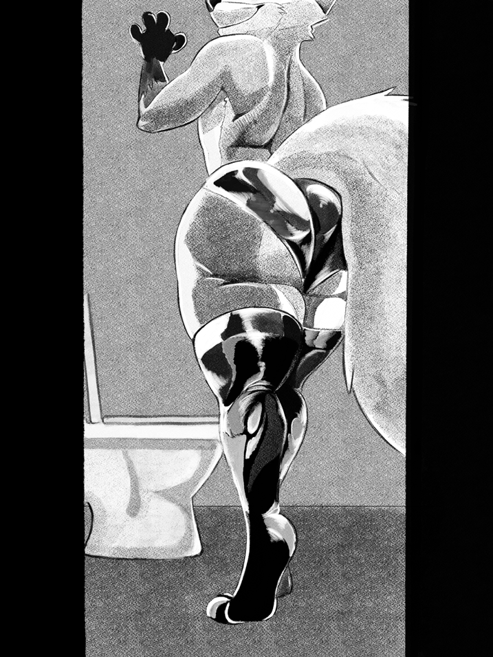 anthro canid canine clothed clothing crossdressing disney fox greyscale latex male mammal monochrome nick_wilde solo thick_thighs watoki zootopia