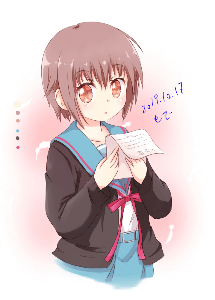 1girl 2019 bangs blue_sailor_collar blue_skirt brown_cardigan brown_eyes cardigan collarbone commentary_request dated holding holding_paper kita_high_school_uniform long_sleeves looking_at_viewer mode_(mode-n) nagato_yuki open_cardigan open_clothes paper parted_lips purple_hair red_ribbon ribbon sailor_collar school_uniform serafuku short_hair skirt solo suzumiya_haruhi_no_yuuutsu upper_body winter_uniform