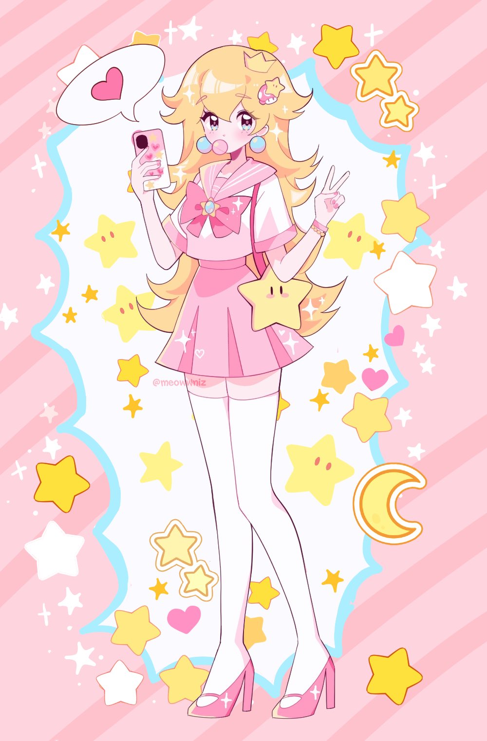 1girl blonde_hair blue_eyes bubble_blowing cellphone commentary crescent earrings english_commentary food fruit heart high_heels highres holding holding_phone jewelry long_hair looking_at_viewer mario_(series) meowwniz phone pink_footwear pink_nails pink_skirt princess_peach skirt smartphone speech_bubble spoken_heart star_(symbol) starman_(mario) thighhighs v white_thighhighs