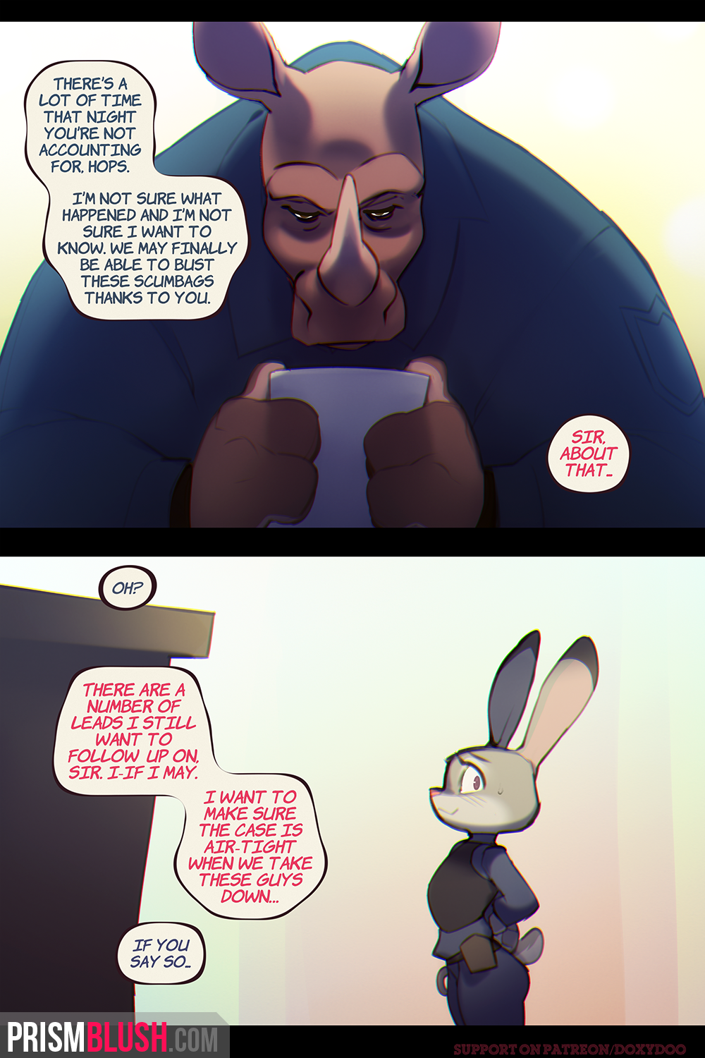 anthro clothed clothing comic dialogue disney doxy duo english_text female fully_clothed fur grey_fur judy_hopps lagomorph male mammal nervous paper prismblush rabbit rhinocerotoid standing text url zootopia