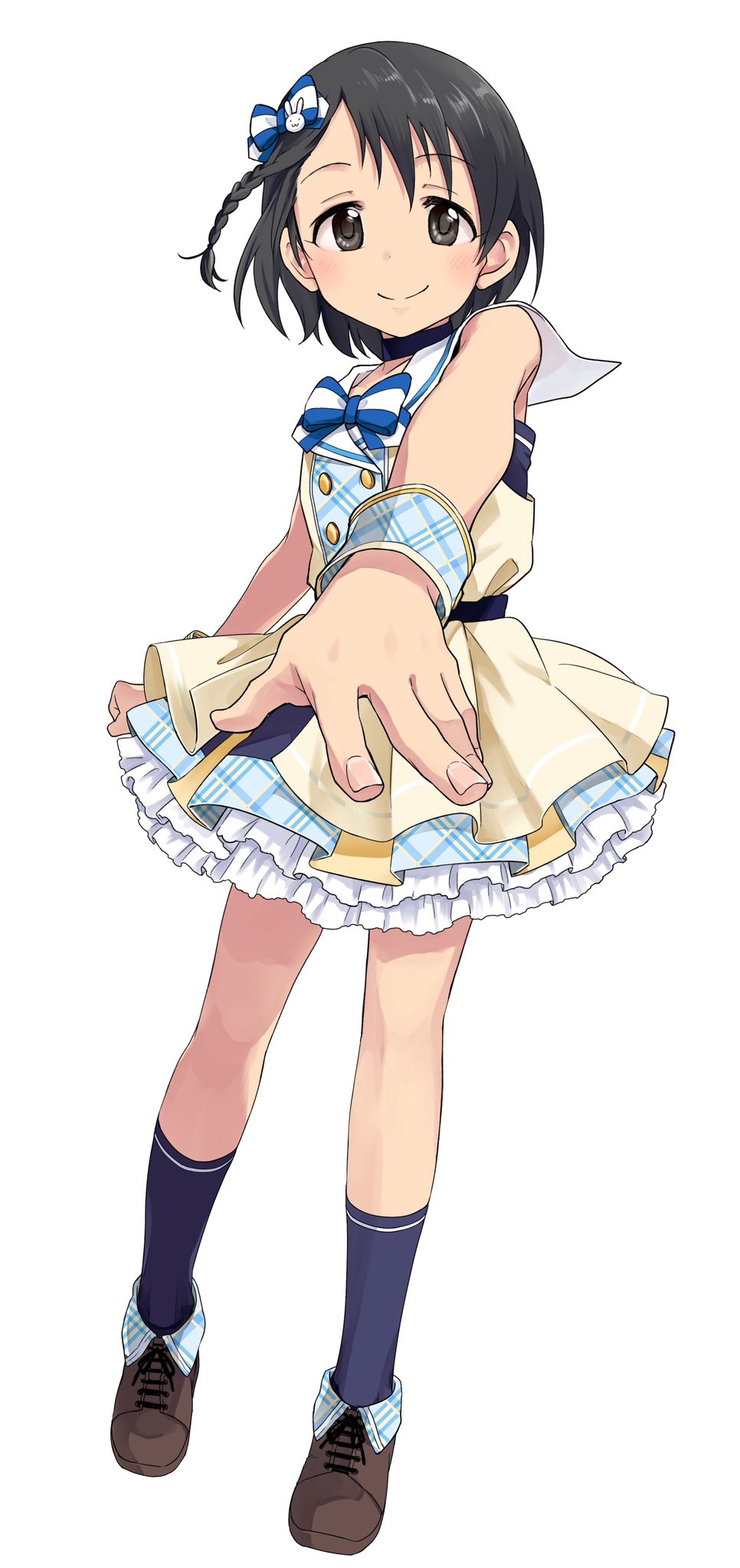 1girl bangs black_choker black_eyes black_hair blue_bow blue_bowtie blue_socks bow bowtie braid brown_footwear buttons checkered_clothes choker clenched_hand commentary_request dress female_child flat_chest frilled_skirt frills full_body hair_bow hair_ornament highres idolmaster idolmaster_cinderella_girls_u149 kyouno layered_dress light_blush looking_at_viewer rabbit_hair_ornament reaching_towards_viewer sailor_collar sailor_dress sasaki_chie shoes short_hair skirt sleeveless sleeveless_dress smile socks solo standing white_background white_sailor_collar wrist_cuffs