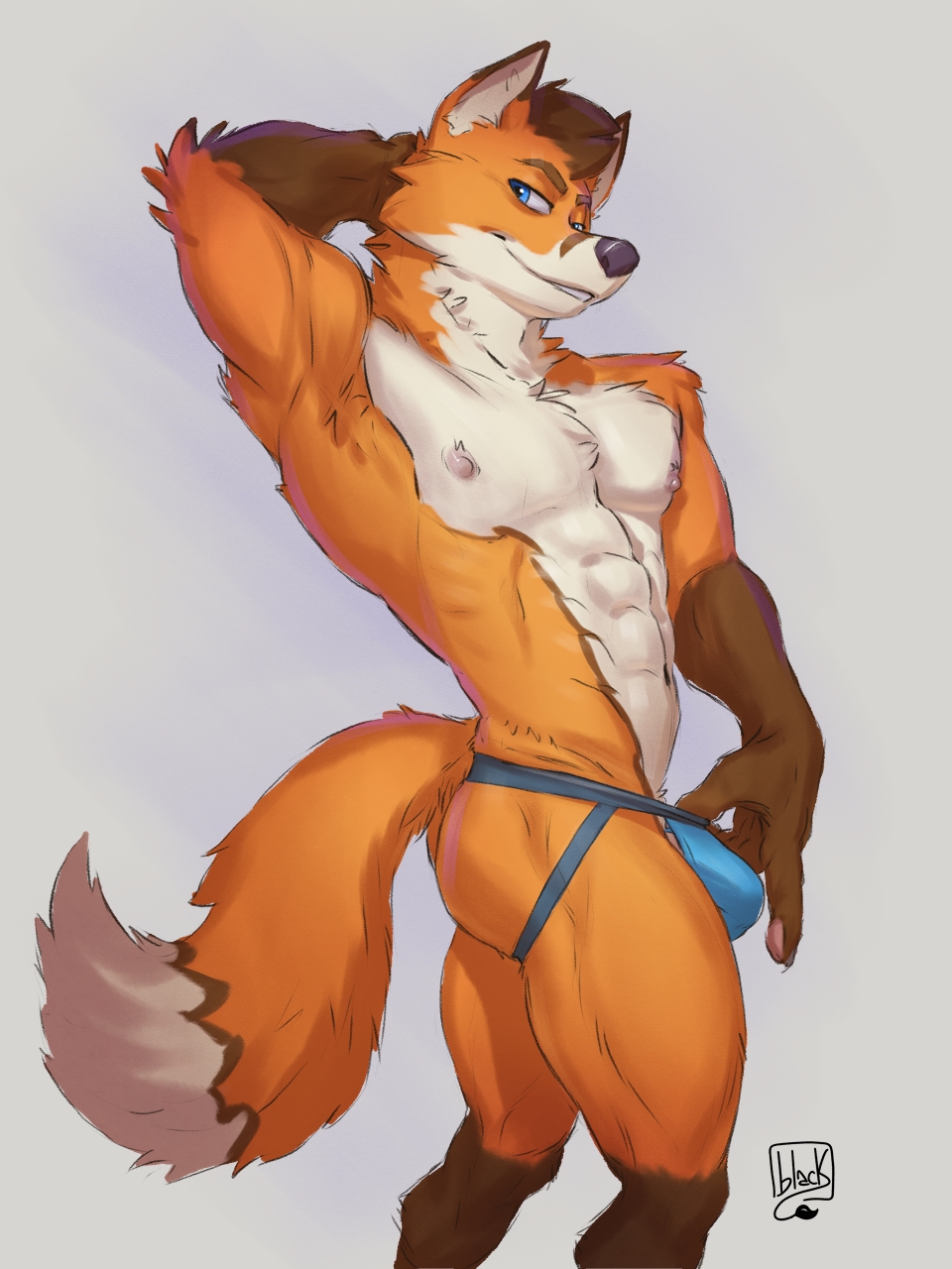 abs anthro barely_visible_genitalia barely_visible_penis blue_eyes bulge canid canine clothed clothing clothing_pull fluffy fluffy_tail fox genitals hand_behind_head hand_on_underwear head_tuft hi_res jockstrap jockstrap_only lion21 male mammal muscular muscular_male navel nipples orange_body pecs penis pinup pose simple_background solo tail topless tuft underwear underwear_only underwear_pull