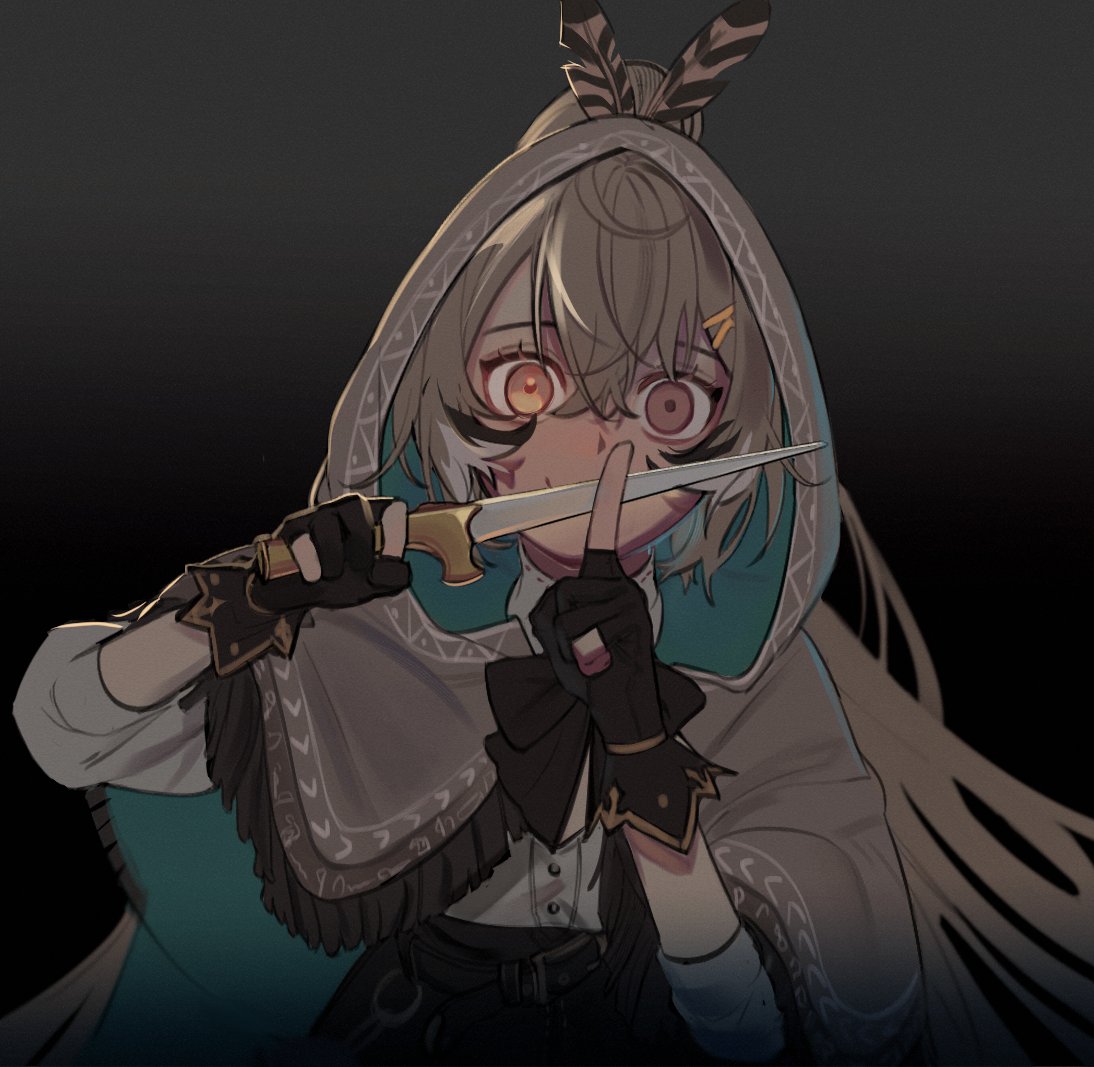1girl ahoge bangs belt brown_capelet brown_cloak brown_corset brown_eyes brown_hair cape capelet cloak corset dagger darkness empty_eyes eus_ing feather_hair_ornament feathers gloves hair_ornament hairclip hieroglyphics holding holding_dagger holding_knife holding_weapon hololive hololive_english hood hood_up index_finger_raised knife long_hair looking_at_viewer multicolored_hair nanashi_mumei partially_fingerless_gloves ponytail ribbon shirt streaked_hair very_long_hair virtual_youtuber weapon white_shirt