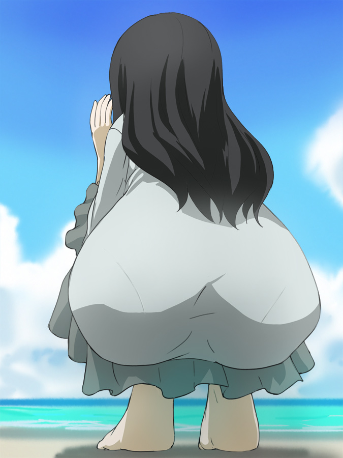 1girl ass barefoot black_hair cloud dress from_behind full_body haruyama_kazunori heybot! long_hair nejiyanagi_yuuko pale_skin pantylines solo