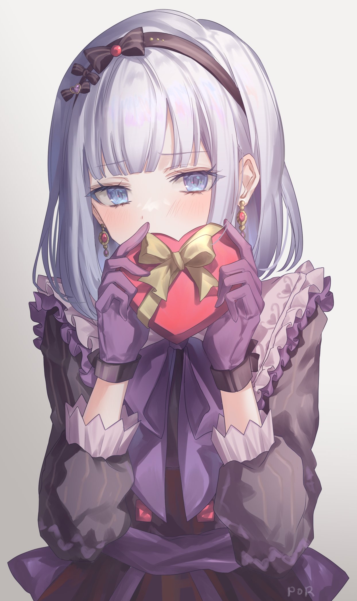 1girl artist_name bangs black_bow black_hairband blue_eyes blunt_bangs blush bow box candle_no_kaori_wa_omoide_to_tomo_ni_(project_sekai) covered_mouth covering_mouth dress earrings frilled_dress frills gift gift_box gift_wrapping gloves gradient_background grey_background hair_bow hairband hands_up heart-shaped_box highres holding holding_box holding_gift jewelry light_frown long_sleeves medium_hair official_alternate_costume official_alternate_hair_length official_alternate_hairstyle por_(_por_tt) project_sekai purple_bow purple_gloves purple_theme shy signature simple_background solo striped_sleeves upper_body valentine vertical-striped_sleeves white_hair yellow_bow yoisaki_kanade