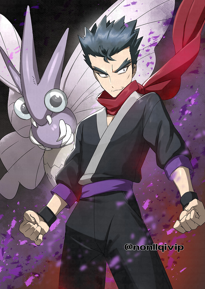 1boy bangs black_eyes black_hair black_jacket black_pants black_wristband clenched_hands closed_mouth commentary_request floating_scarf jacket koga_(pokemon) looking_down male_focus pants pokemon pokemon_(creature) pokemon_(game) pokemon_hgss purple_sash red_scarf sash scarf short_hair smile spiked_hair thick_eyebrows venomoth wristband yamanashi_taiki