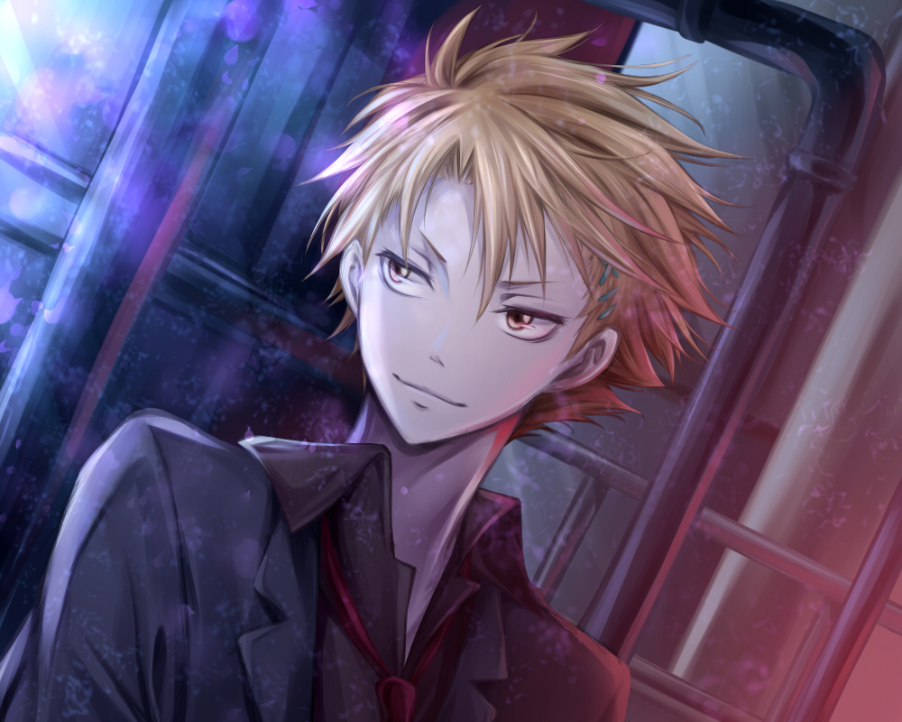 1boy angel31424 blonde_hair closed_mouth collared_shirt commentary dress_shirt dutch_angle grey_jacket grey_shirt hair_ornament hairclip indoors industrial_pipe jacket kagari_shuusei lapels looking_to_the_side loose_necktie male_focus necktie notched_lapels open_collar portrait psycho-pass red_necktie shirt short_hair solo spiked_hair tsurime upper_body x_hair_ornament yellow_eyes