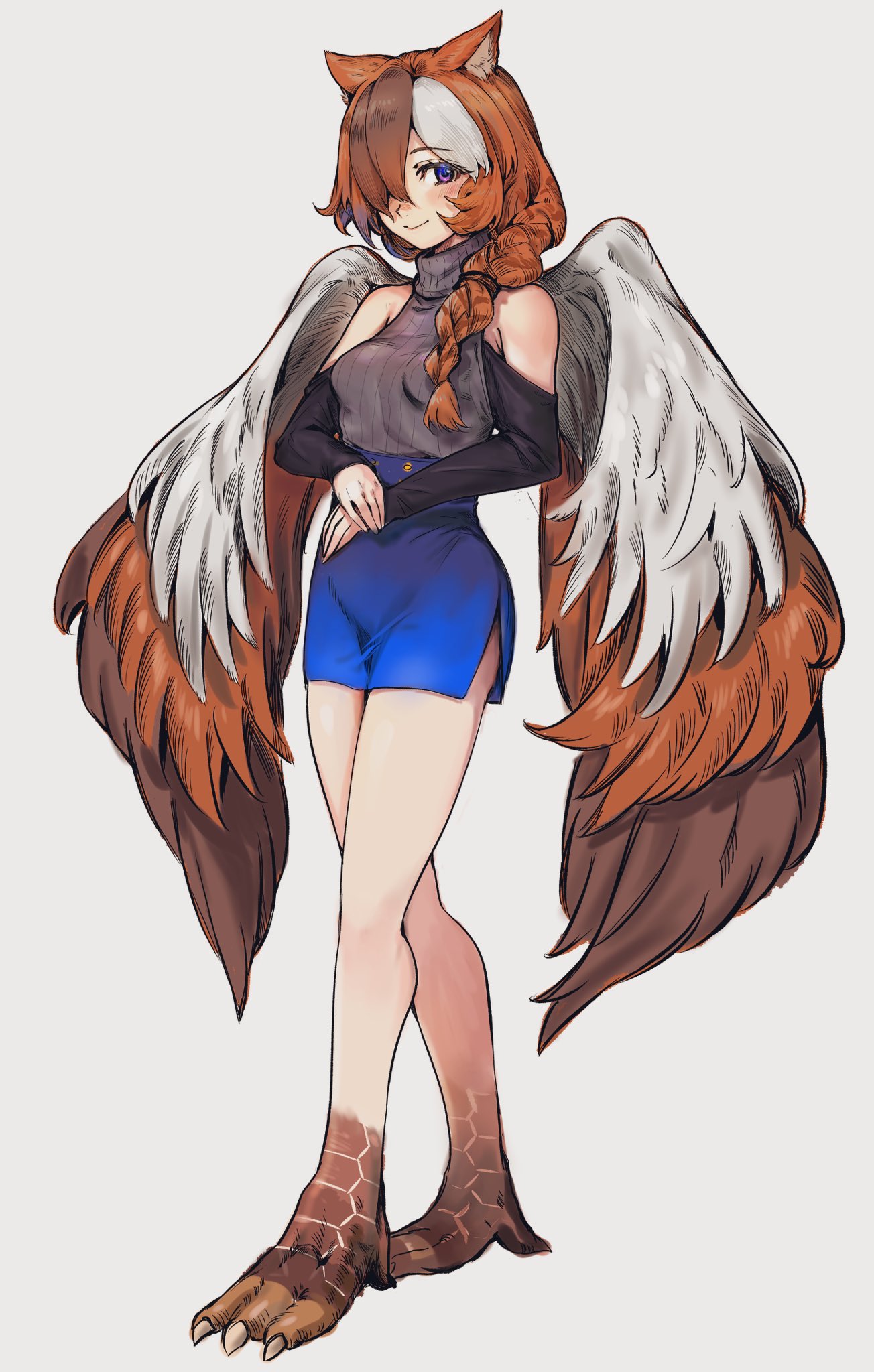 1girl animal_ears bare_shoulders bird_feet bird_girl black_sleeves blue_skirt blush braid brown_hair copyright_request detached_sleeves feathered_wings full_body grey_background grey_hair grey_shirt hair_over_one_eye highres long_hair looking_at_viewer maido_mido monster_girl multicolored_hair purple_eyes ribbed_shirt shirt simple_background single_braid skirt smile solo standing streaked_hair turtleneck wings