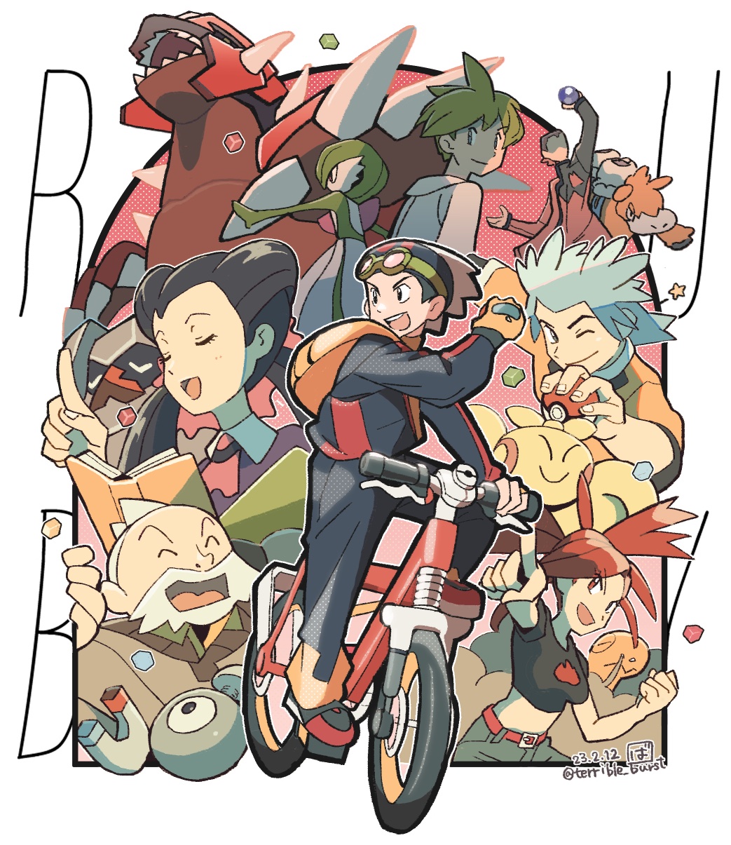 2girls 5boys :d ^_^ arm_up backpack bag beanie beard bicycle book border brendan_(pokemon) camerupt closed_eyes commentary_request dated eyelashes facial_hair flannery_(pokemon) gardevoir gloves green_hair groudon ground_vehicle hand_up hat highres holding holding_poke_ball index_finger_raised jacket logo long_sleeves magnemite makuhita maxie_(pokemon) multiple_boys multiple_girls nosepass open_mouth pants pointing poke_ball poke_ball_(basic) pokemon pokemon_(game) pokemon_rse red_hair riding riding_bicycle roxanne_(pokemon) shirt short_hair short_sleeves smile smoke star_(symbol) team_magma terrible_burst torkoal twintails wally_(pokemon) wattson_(apex_legends) white_border