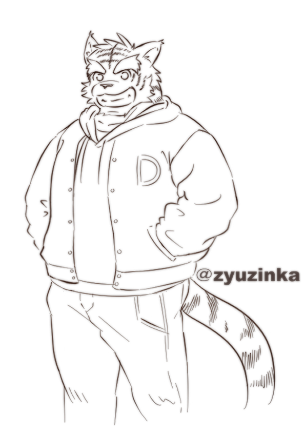 2023 anthro black_and_white bottomwear cheek_tuft clothed clothing facial_tuft felid fully_clothed fur head_tuft hoodie line_art male mammal monochrome morenatsu pantherine pants ry_o smile solo striped_body striped_fur stripes teeth tiger topwear torahiko_(morenatsu) tuft vest