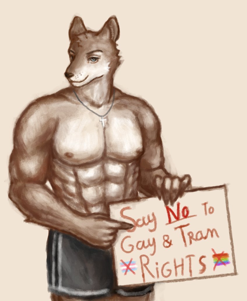anthro brown_body brown_fur canid canine canis domestic_dog fur hate holding_object homophobia male mammal meme muscular reynardbonamie shirtless shit_artist shitty_human_being sign simple_background solo transphobia