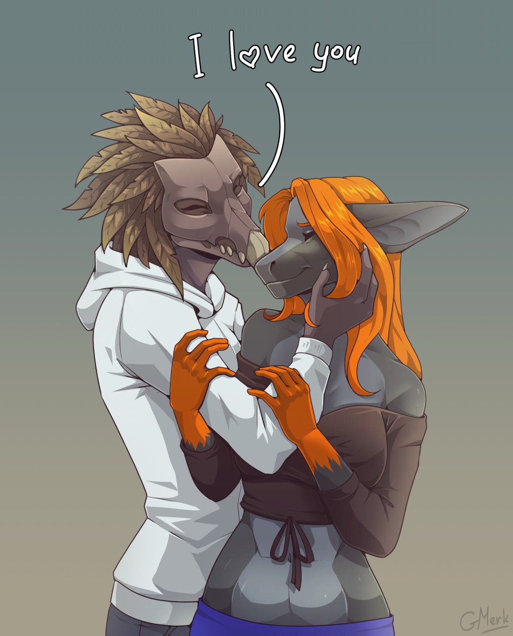 &lt;3 3_fingers 5_fingers alien anthro arm_grab beak clothed clothing colored crop_top dialogue duo eamart embrace english_text eyes_closed fangs feather_hair feathered_crest feathers female fingers gmerk grey_body grey_skin hair halo_(series) hand_in_hair head_crest hi_res hoodie interspecies kig-yar long_hair male male/female microsoft navel nuzzling orange_hair pseudo_hair romantic romantic_couple scalie shirt shoulderless_shirt simple_background smile standing t'vaoan tan_body tan_feathers teeth text topwear touching_hair unknown_species xbox_game_studios