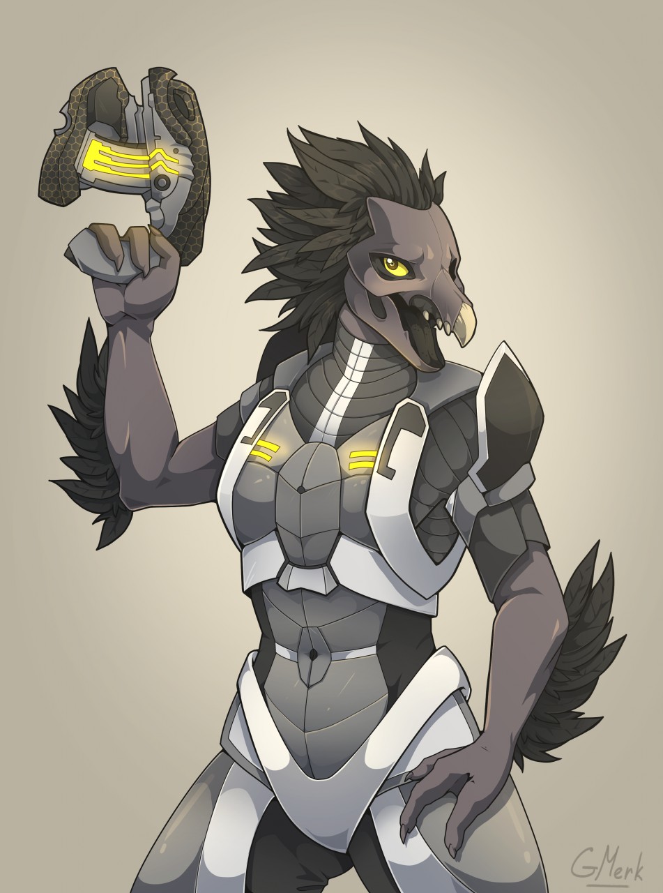 3_fingers alien anthro arm_tuft armor avian beak black_body black_feathers body_armor claws colored eamart fangs feather_hair feather_tuft feathered_crest feathers female finger_claws fingers gmerk grey_body grey_skin gun halo_(series) head_crest hi_res holding_gun holding_object holding_weapon kig-yar looking_at_viewer microsoft plasma_pistol pseudo_hair raised_arm ranged_weapon scalie simple_background solo standing t'vaoan teeth tuft weapon xbox_game_studios yellow_eyes